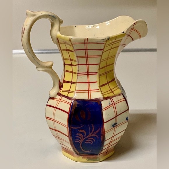 19th Century Gaudy Welsh Unrecorded Plaid Grid Pattern Jug Handled Pitcher - Picture 7 of 16